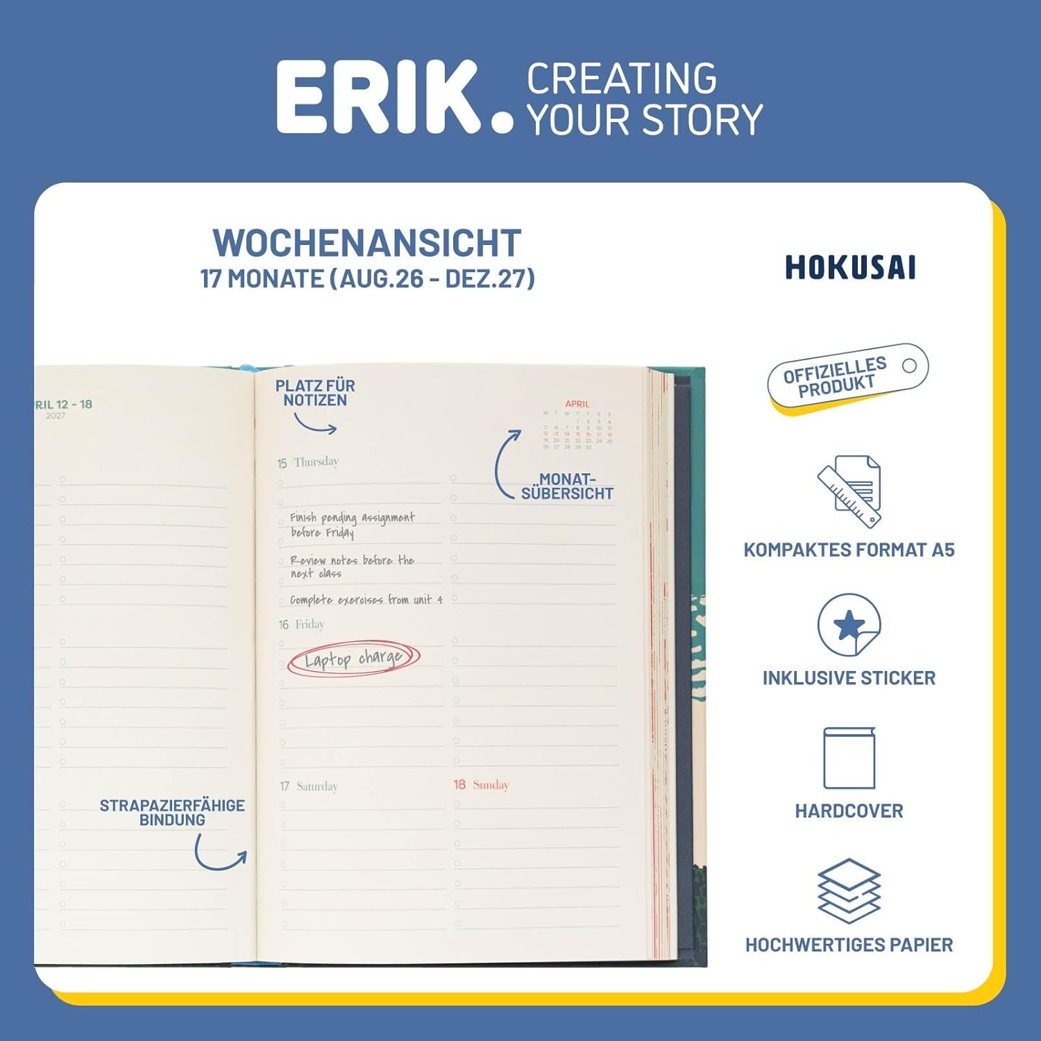 Grupo Erik Hausaufgabenheft 2026 2027 Hokusai Kalender Schulplaner A5 - Schulkalender Studienplaner Wochenplaner - Terminplaner 2026 2027 A5 für 17 Monate - Merch Geschenke zur Einschulung