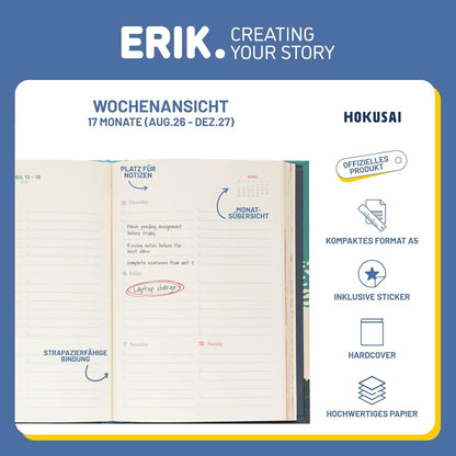 Grupo Erik Hausaufgabenheft 2026 2027 Hokusai Kalender Schulplaner A5 - Schulkalender Studienplaner Wochenplaner - Terminplaner 2026 2027 A5 für 17 Monate - Merch Geschenke zur Einschulung