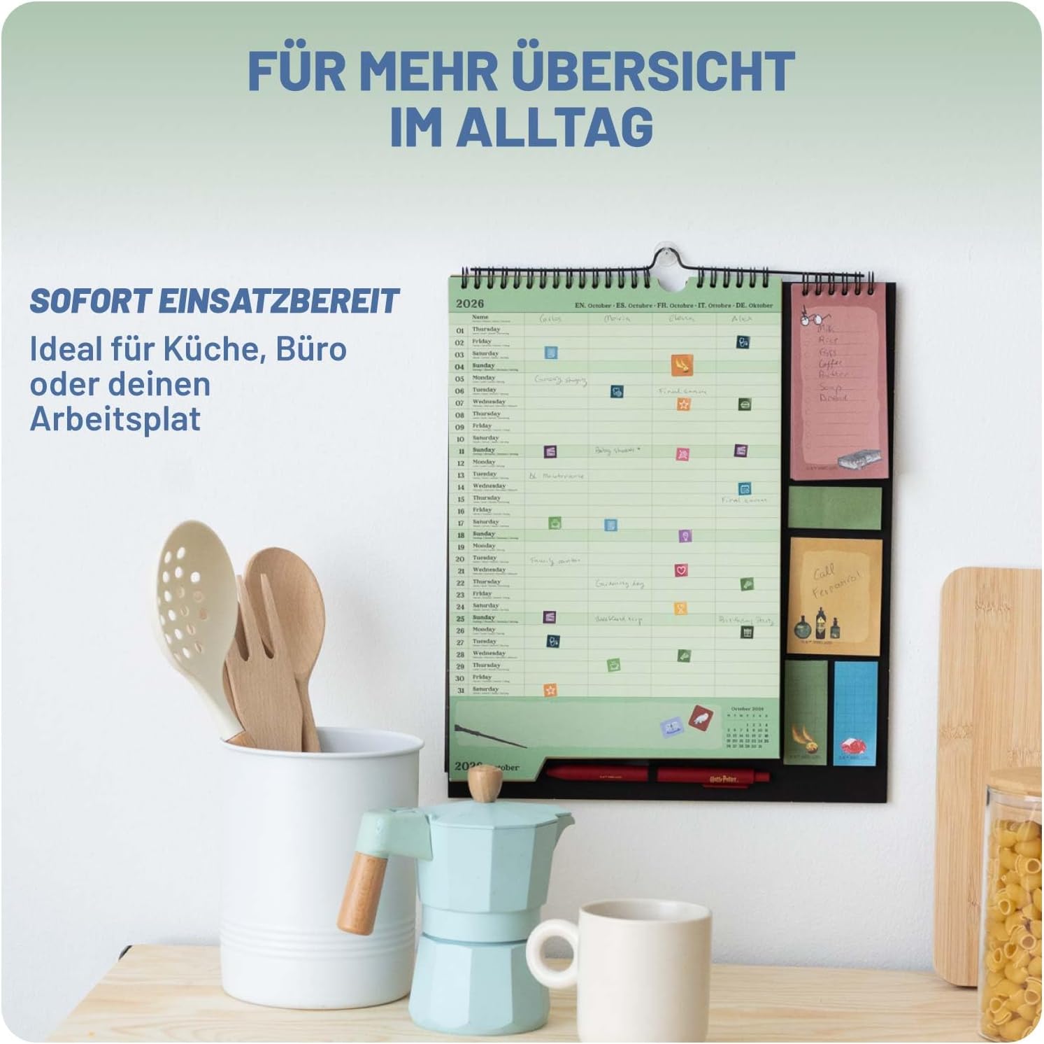 Grupo Erik Calendario Famiglia 2027 Harry Potter Gadget - Calendario 2027 da Muro con Penna, Sticky Notes, To Do List e Stickers | Planner Mensile con Spazi per Note, Set 2026 a Dic 2027 (30 x 34 cm