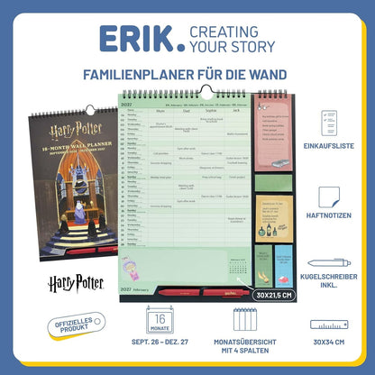 Grupo Erik Calendario Famiglia 2027 Harry Potter Gadget - Calendario 2027 da Muro con Penna, Sticky Notes, To Do List e Stickers | Planner Mensile con Spazi per Note, Set 2026 a Dic 2027 (30 x 34 cm