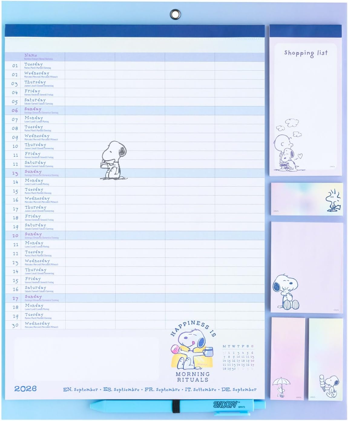 Grupo Erik Calendario Famiglia 2027 Snoopy Peanuts - Calendario Magnetico Frigo con Penna, Sticky Notes, Shopping List e Stickers | Planner Mensile con Spazi per Note, Set 2026 a Dic 2027 (30 x 35cm
