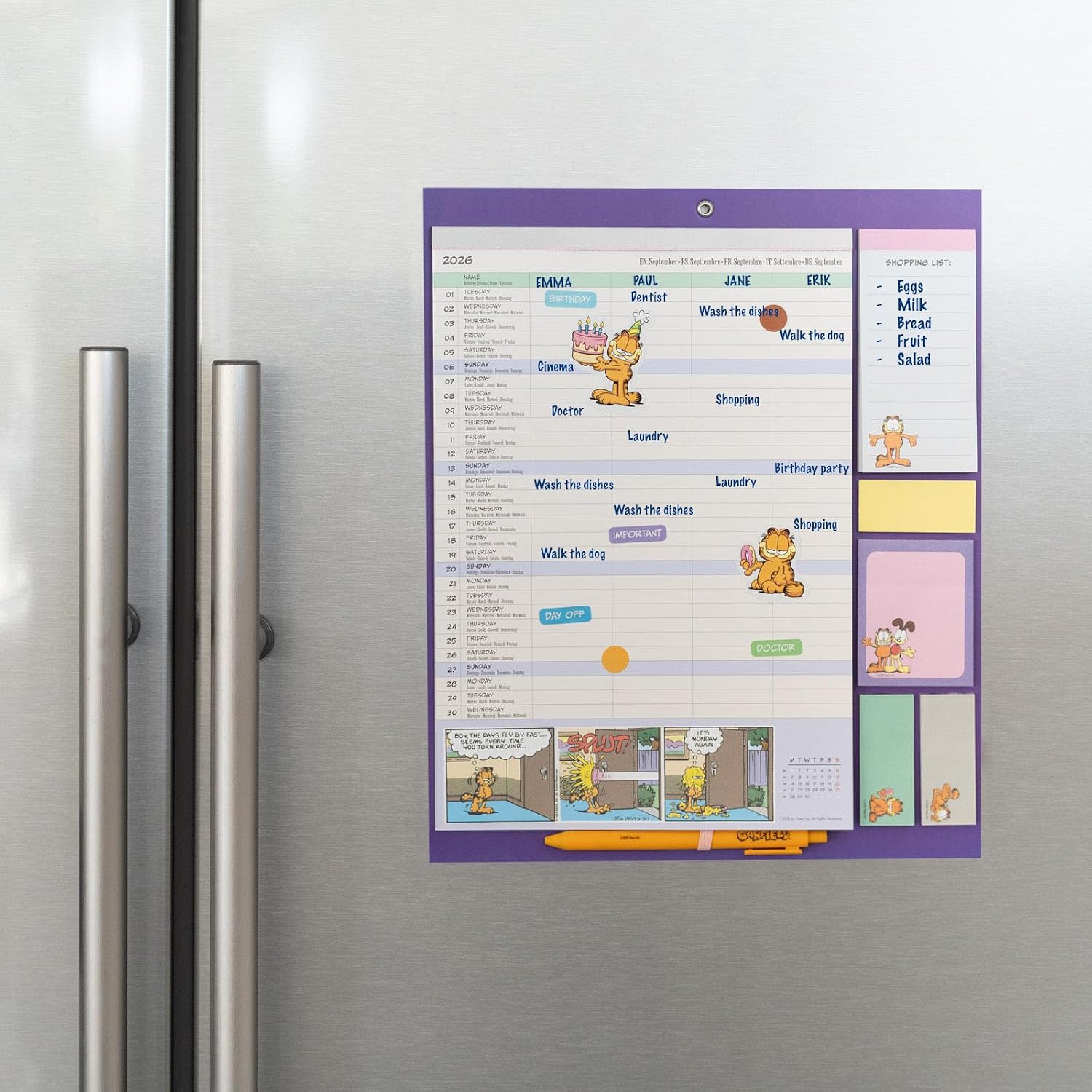 Grupo Erik Calendario Famiglia 2027 Garfield - Calendario Magnetico Frigo con Penna, Sticky Notes, Shopping List e Stickers | Planner Mensile con Spazi per Note, Set 2026 a Dic 2027 (30 x 35 cm