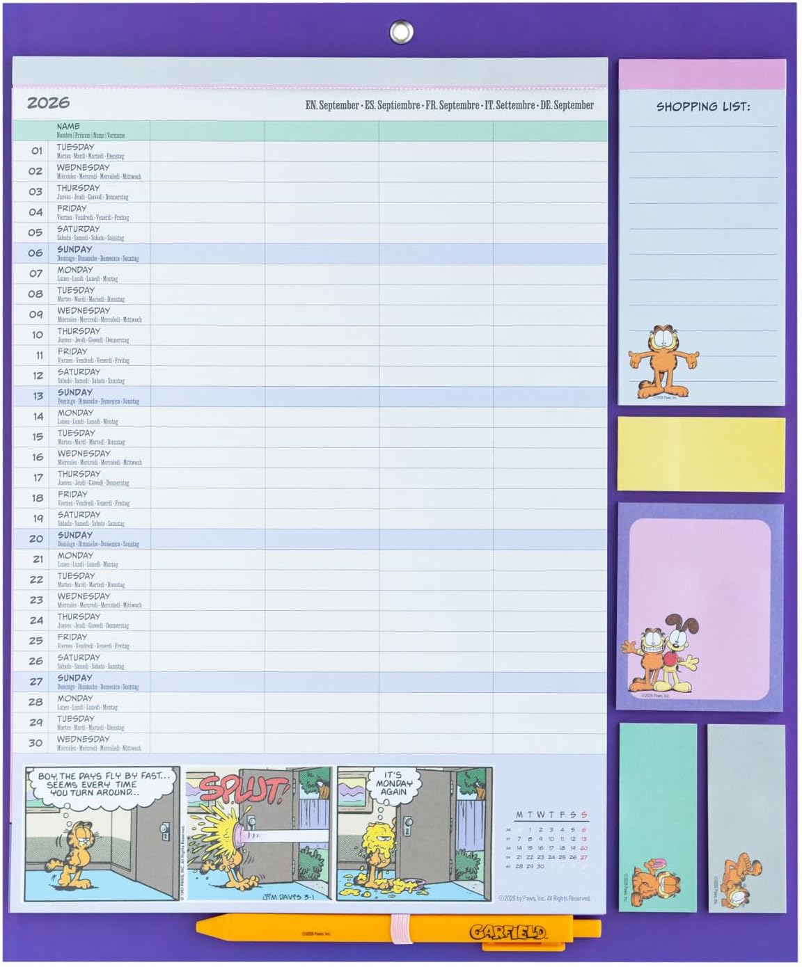 Grupo Erik Calendario Famiglia 2027 Garfield - Calendario Magnetico Frigo con Penna, Sticky Notes, Shopping List e Stickers | Planner Mensile con Spazi per Note, Set 2026 a Dic 2027 (30 x 35 cm