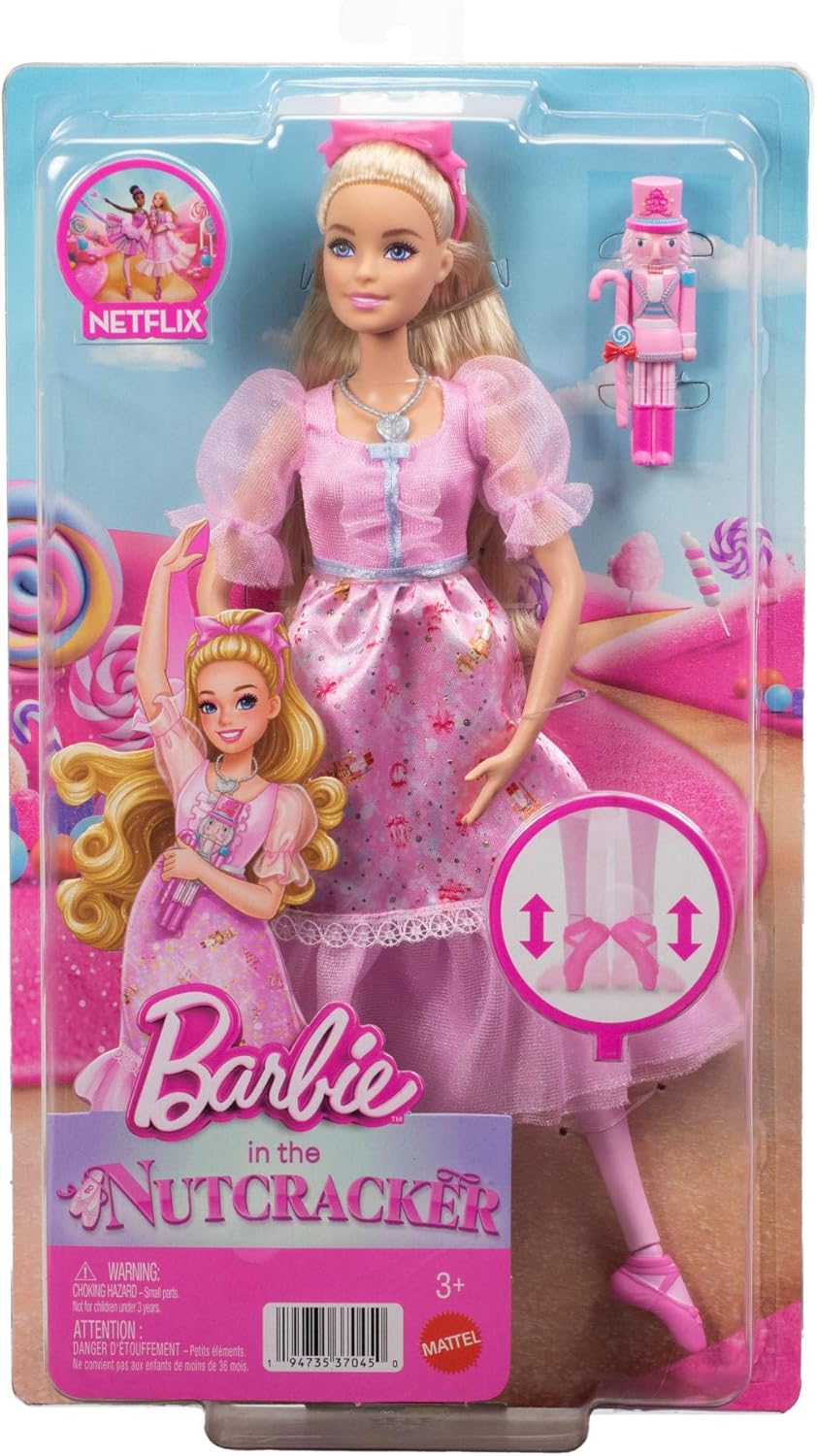 Barbie in the Nutcracker Clara Ballerina Doll in Pink Satin Dress with Puffed Sleeves, Articulated Ankles, and Toy Nutcracker, JLW51