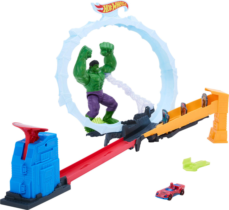 Hot Wheels Spielzeugauto-Trackset, Spider-Man & Hulk Smashdown-Spielset mit 1 Superstar Speeders Die-Cast-Fahrzeug, Rennaction und Bösewichte im Looping bekämpfenm