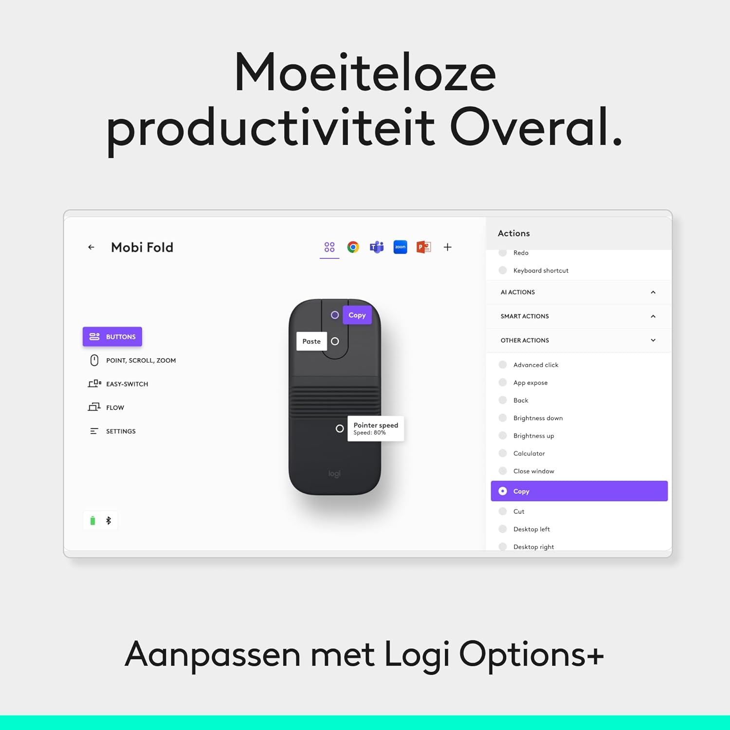Logitech Mobi Fold, ultra-draagbare reis muis, klein en licht, touch scrolling, stille klikken, 4K DPI, Bluetooth, voor Windows PC, Mac, Chromebook, Android, iPad - Grafiet