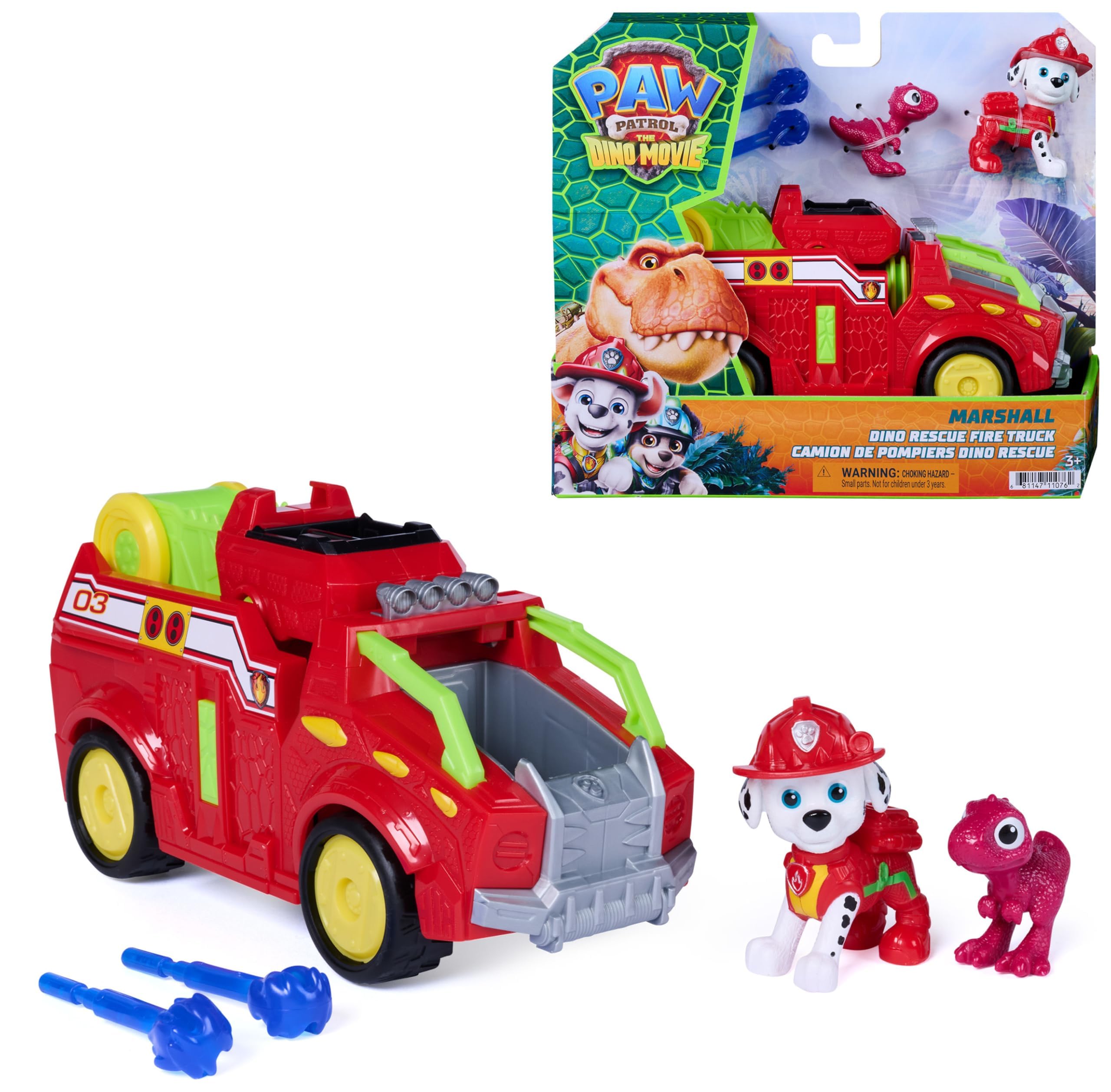 Paw Patrol: The Dino Movie, Marshall Dino Rescue Firetruck with 360-Degree Spinning Projectile Launcher with 2 Action Figures, Kids Toys for Boys and Girls Ages 3+
