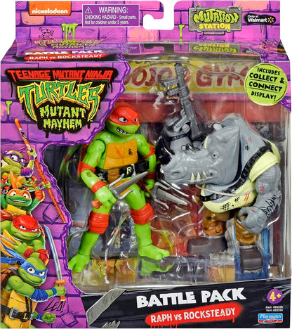 Teenage Mutant Ninja Turtles Mutant Mayhem Mutation Station Raphael vs Rocksteady Action Figure Battle Pack, confezione da 2