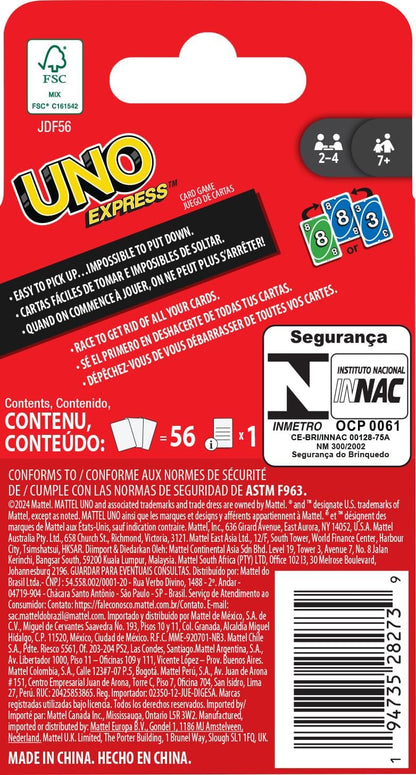 UNO, Mattel 56 Card Express Kaartspel, voor kinderen, volwassenen en wildavond