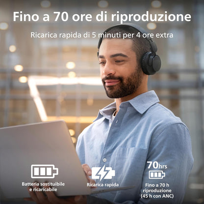 Philips TAH4500BK Cuffie wireless on-ear con cancellazione rumore, 70h riproduzione, Bassi dinamici, Driver 32mm, Bluetooth6.0 Multipoint, Cuscinetti/batteria sostituibili