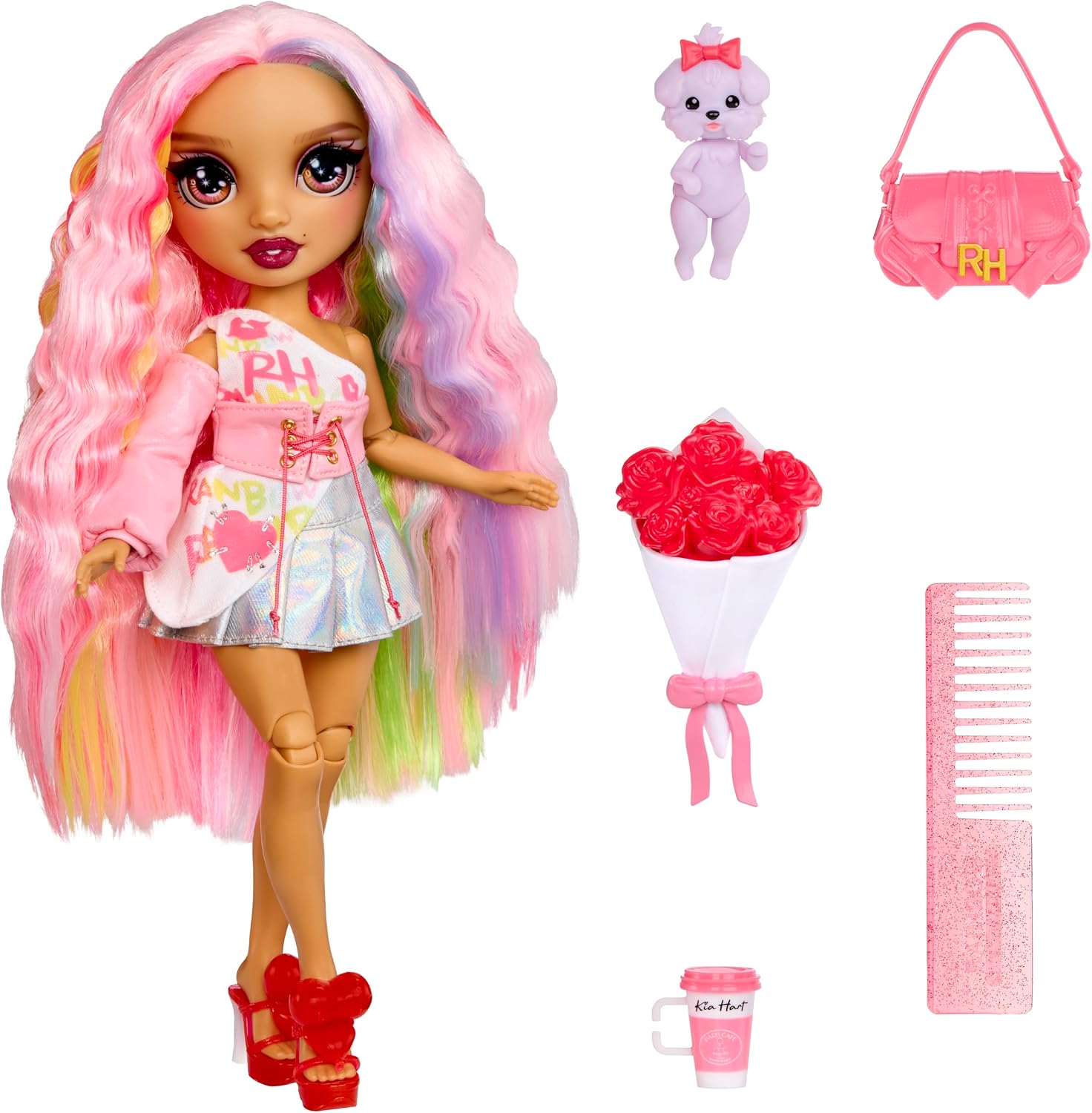 Rainbow High Pretty in Paris Fashion Bambola - Kia Hart - Bambola alla moda color rosa tenue di 28 cm con cucciolo, borsetta e accessori, per giocare, snodata, da collezionare, età dai 4 ai 12+ anni