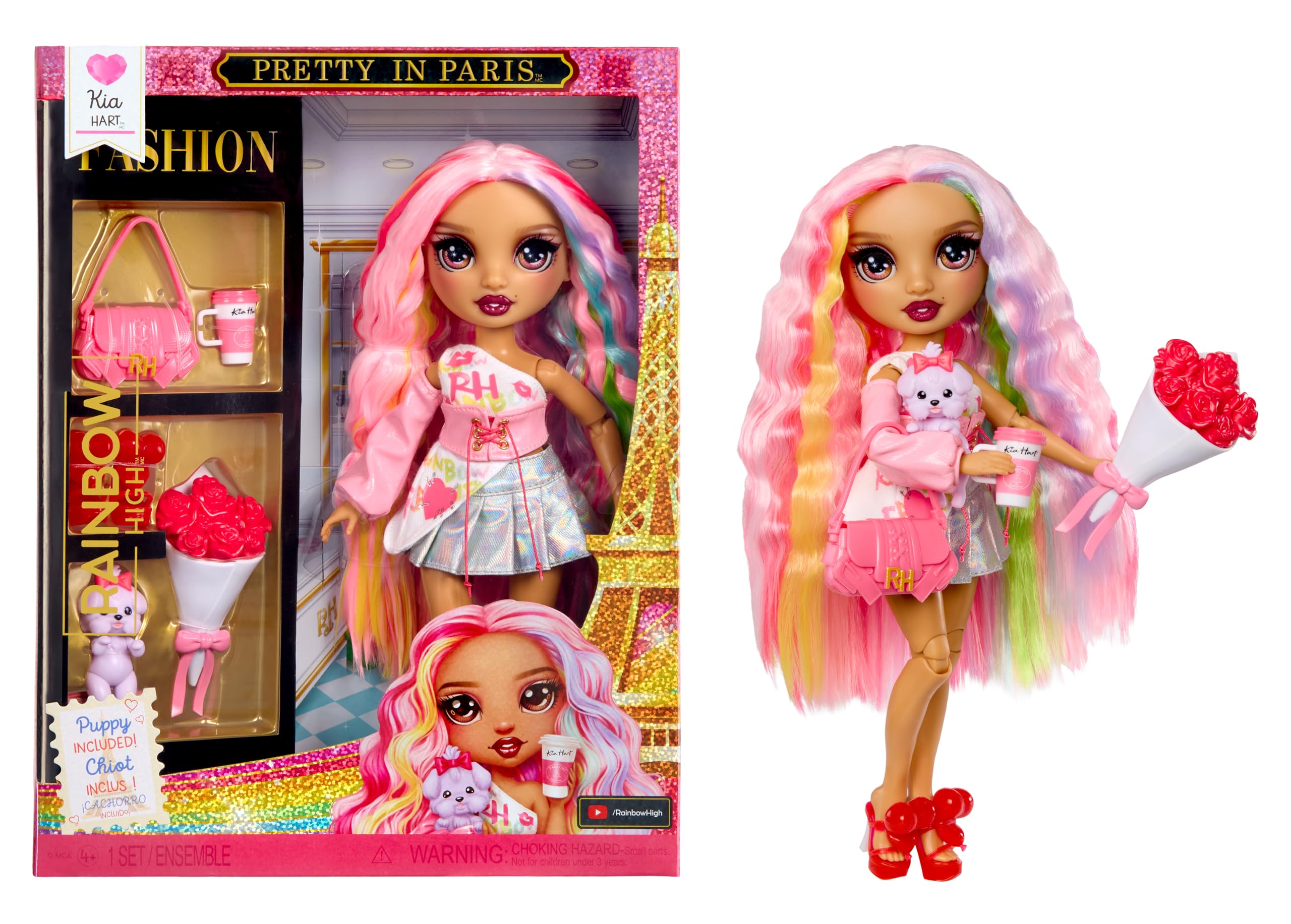 Rainbow High Pretty in Paris Fashion Bambola - Kia Hart - Bambola alla moda color rosa tenue di 28 cm con cucciolo, borsetta e accessori, per giocare, snodata, da collezionare, età dai 4 ai 12+ anni