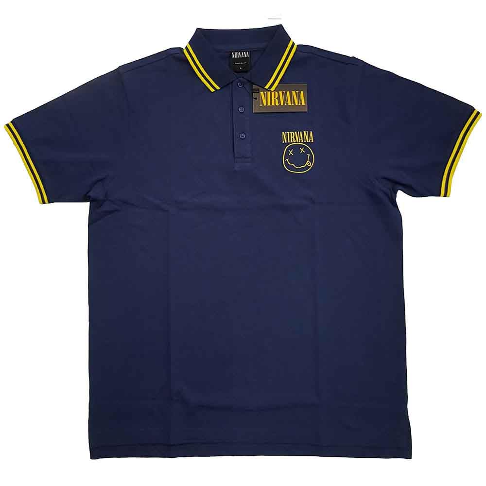 Nirvana Polo T Shirt Smile Face Band Logo Official Mens Navy Blue XXL