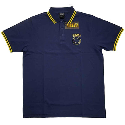 Nirvana Polo T Shirt Smile Face Band Logo Official Mens Navy Blue XXL
