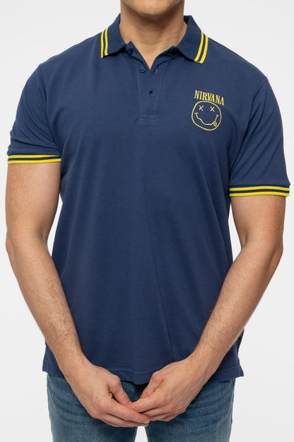 Nirvana Polo T Shirt Smile Face Band Logo Official Mens Navy Blue XXL