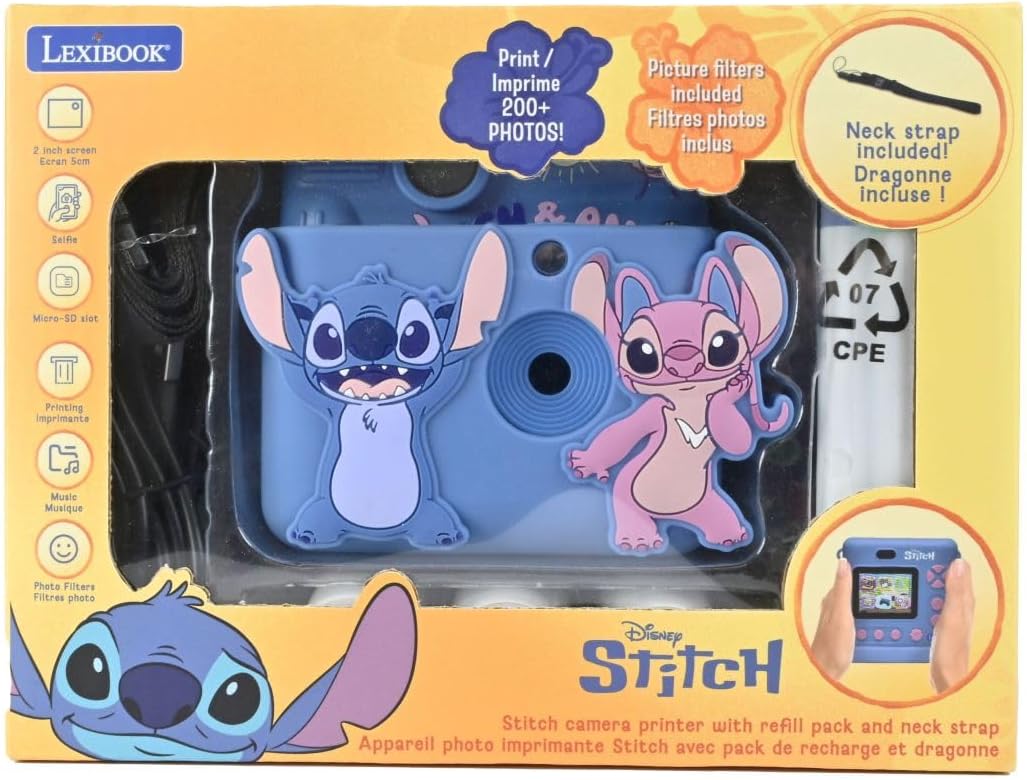 Lexibook, Disney Stitch instant camera, 3D-tas inbegrepen, 32 GB micro-SD-kaart inbegrepen, complete personalisatieset, 2 inch lcd-display, oplaadbare USB-C-batterij, DJ130DZ