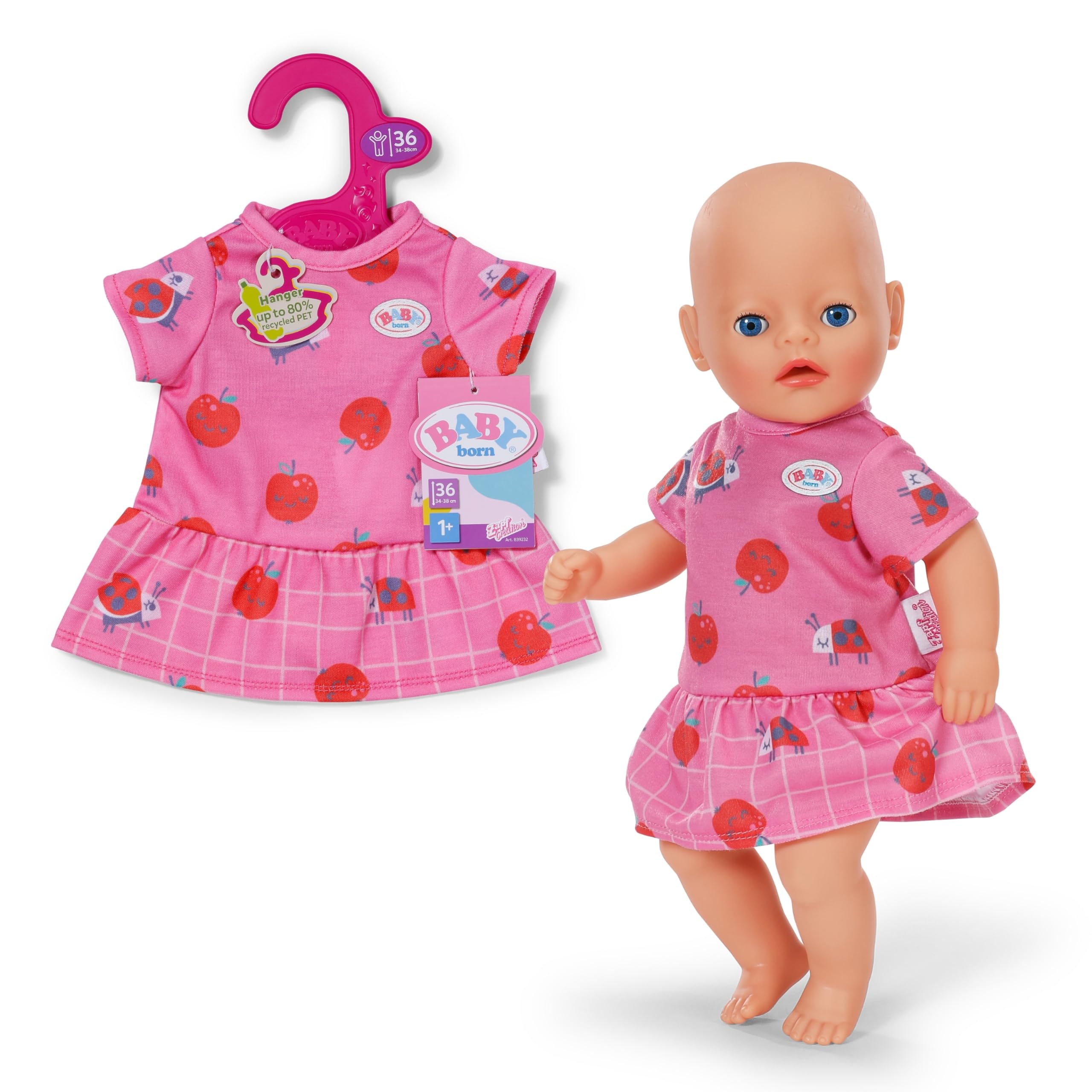 BABY born Roze jurkje – Poppenjurk met appels & lieveheersbeestjes – Poppenkleding – Accessoire voor poppen van 36 cm