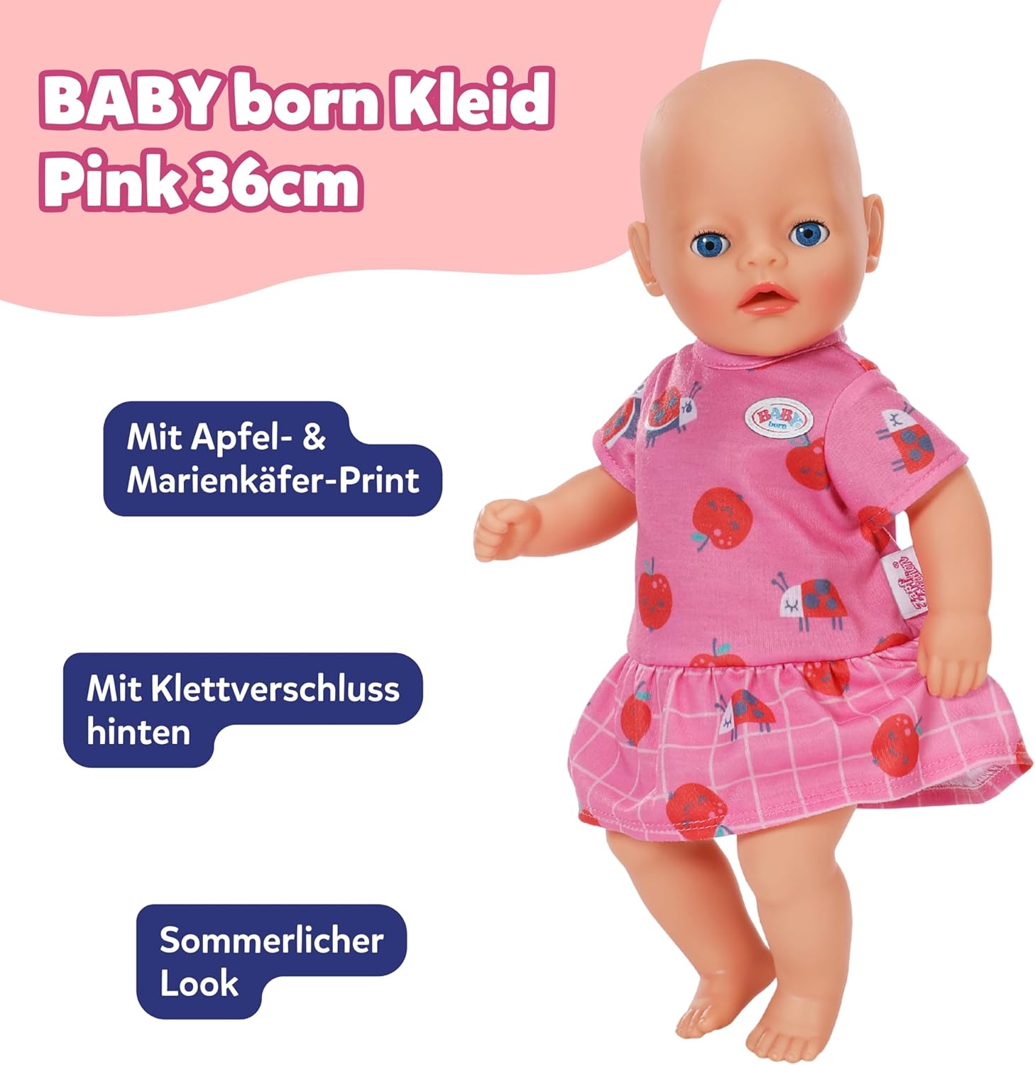 BABY born Roze jurkje – Poppenjurk met appels & lieveheersbeestjes – Poppenkleding – Accessoire voor poppen van 36 cm