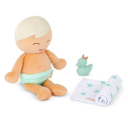 LullaBaby - Plüsch-Baby-Badepuppe - Junge - 36 cm waschbare Badepuppe Junge - Weicher Körper für echtes Wasserspiel - Blondes Haar & Badewannen-Accessoires - Kinder 2 Jahre +