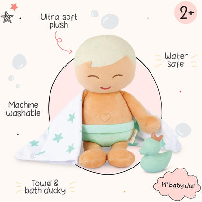 LullaBaby - Plüsch-Baby-Badepuppe - Junge - 36 cm waschbare Badepuppe Junge - Weicher Körper für echtes Wasserspiel - Hellbraunes Haar & Wannen-Accessoires - Kinder 2 Jahre +