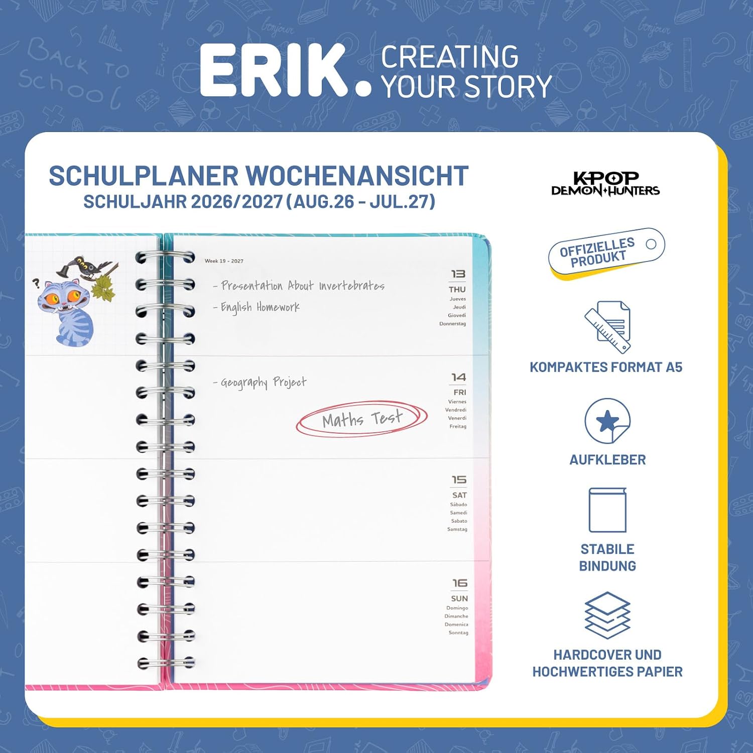 Grupo Erik Hausaufgabenheft 2026 2027 Kpop Demon Hunters Kalender Schulplaner A5 - Schulkalender Schülerkalender Wochenansicht Terminplaner 2026 2027 A5 K-Pop Kwaii Sachen Merch Geschenke Einschulung
