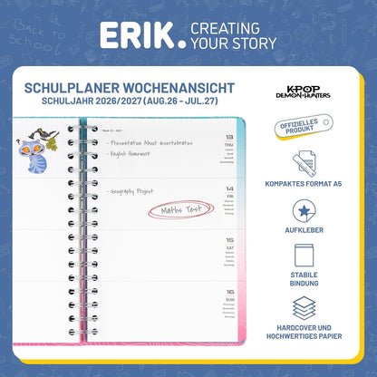 Grupo Erik Hausaufgabenheft 2026 2027 Kpop Demon Hunters Kalender Schulplaner A5 - Schulkalender Schülerkalender Wochenansicht Terminplaner 2026 2027 A5 K-Pop Kwaii Sachen Merch Geschenke Einschulung