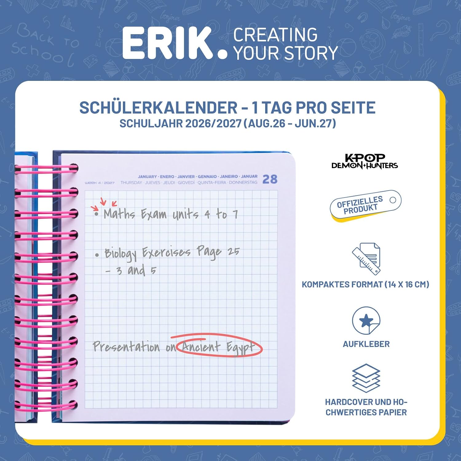 Grupo Erik Diario Scuola 2026 2027 Elementari Kpop Demon Hunters - Agenda Giornaliera 2026 2027 per Scuola Medie, 11 Mesi | Diario Scolastico con Copertina Rigida e Divisori Illustrati (14 x 16 cm