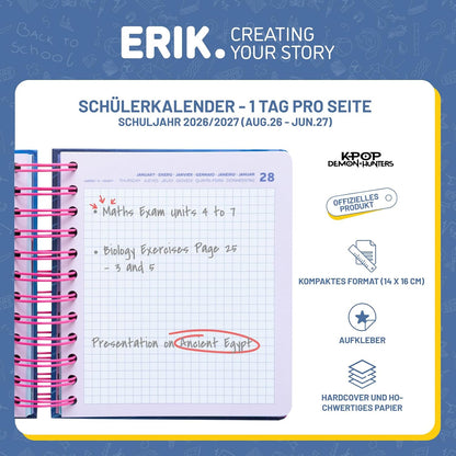 Grupo Erik Diario Scuola 2026 2027 Elementari Kpop Demon Hunters - Agenda Giornaliera 2026 2027 per Scuola Medie, 11 Mesi | Diario Scolastico con Copertina Rigida e Divisori Illustrati (14 x 16 cm