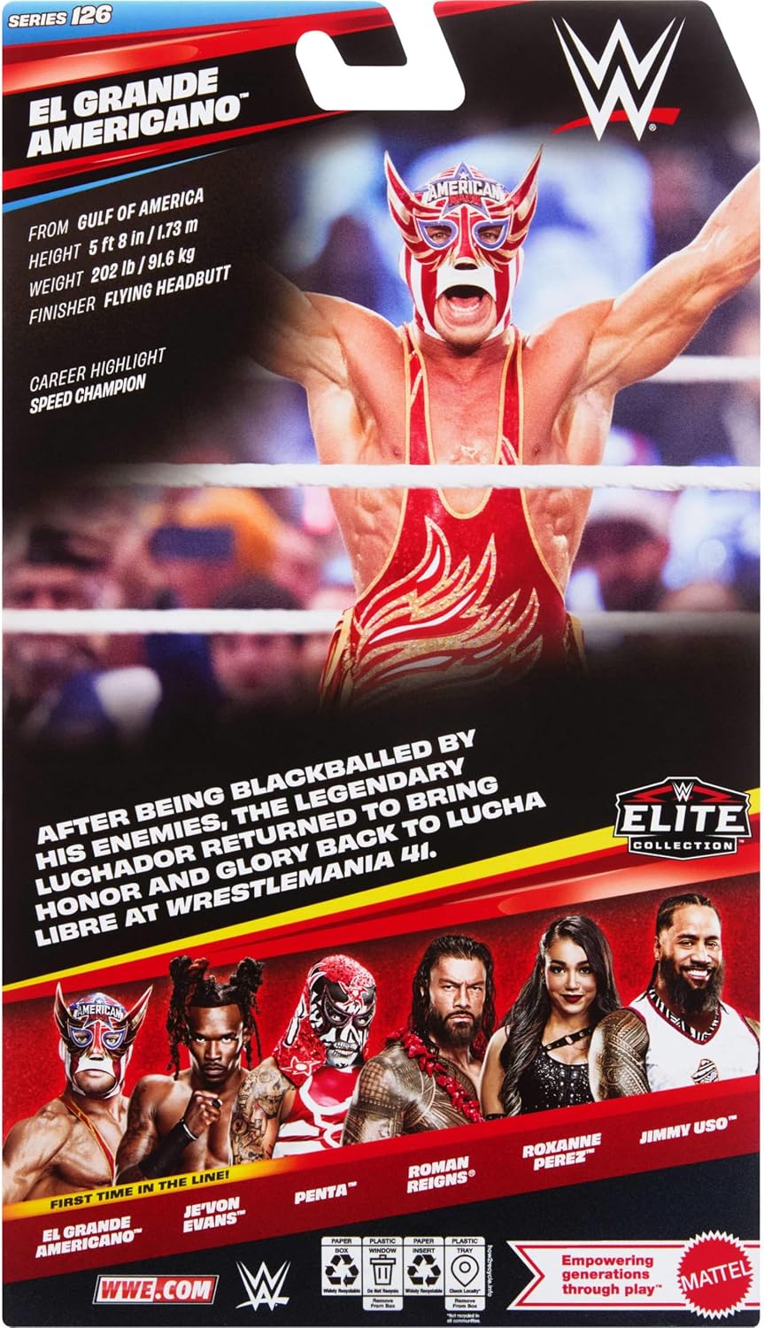 WWE Elite Action Figure & Accessories, Series #126 Set, 6-inch Collectible El Grande Americano with 25 Articulation Points & Swappable Hands