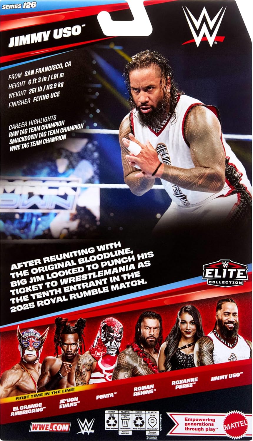 WWE Elite Action Figure & Accessories, Series #126 Set, 6-inch Collectible Jimmy USO with 25 Articulation Points & Swappable Hands