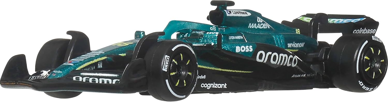 Hot Wheels Premium Auto Team Aston Martin Aramco Formula 1 | Modello auto da corsa Lance Stroll Die-Cast in scala 1:64, pneumatici Real Riders, carrozzeria/telaio in metallo, JKD87
