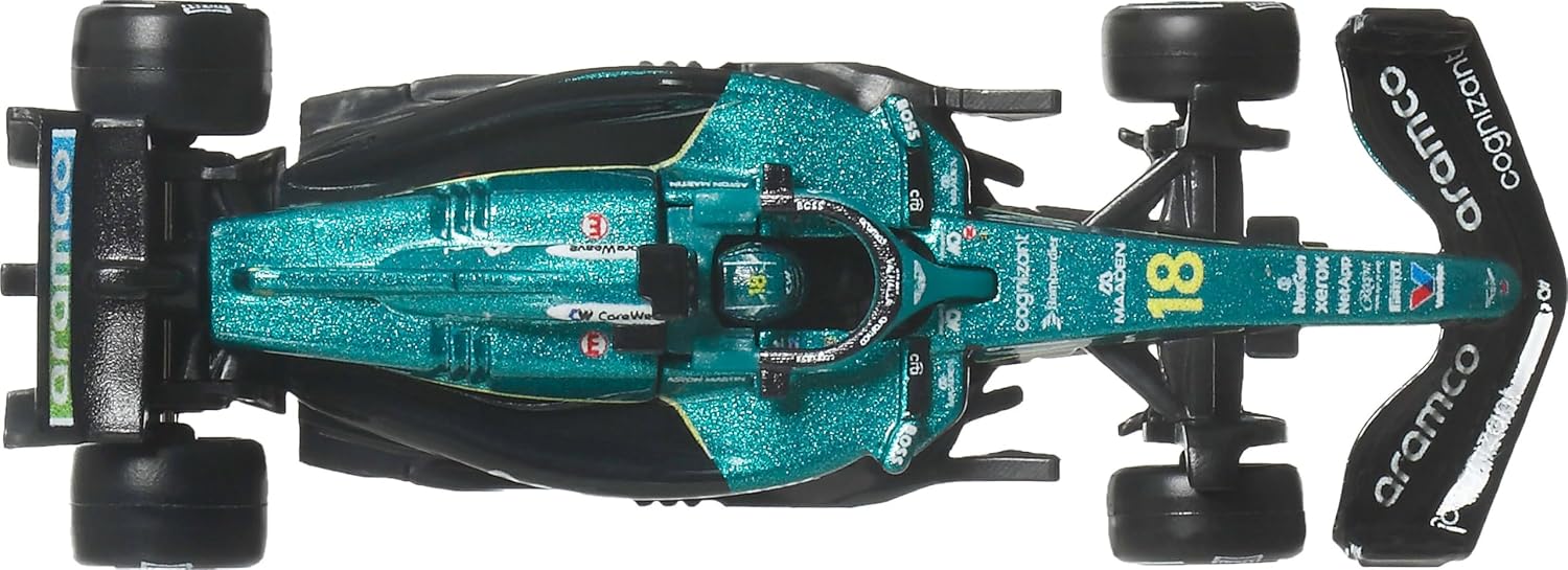 Hot Wheels Premium Auto Team Aston Martin Aramco Formula 1 | Modello auto da corsa Lance Stroll Die-Cast in scala 1:64, pneumatici Real Riders, carrozzeria/telaio in metallo, JKD87