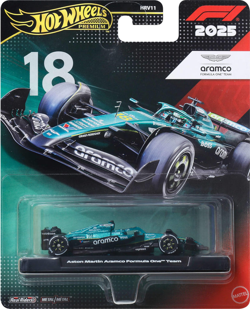 Hot Wheels Premium Auto Team Aston Martin Aramco Formula 1 | Modello auto da corsa Lance Stroll Die-Cast in scala 1:64, pneumatici Real Riders, carrozzeria/telaio in metallo, JKD87