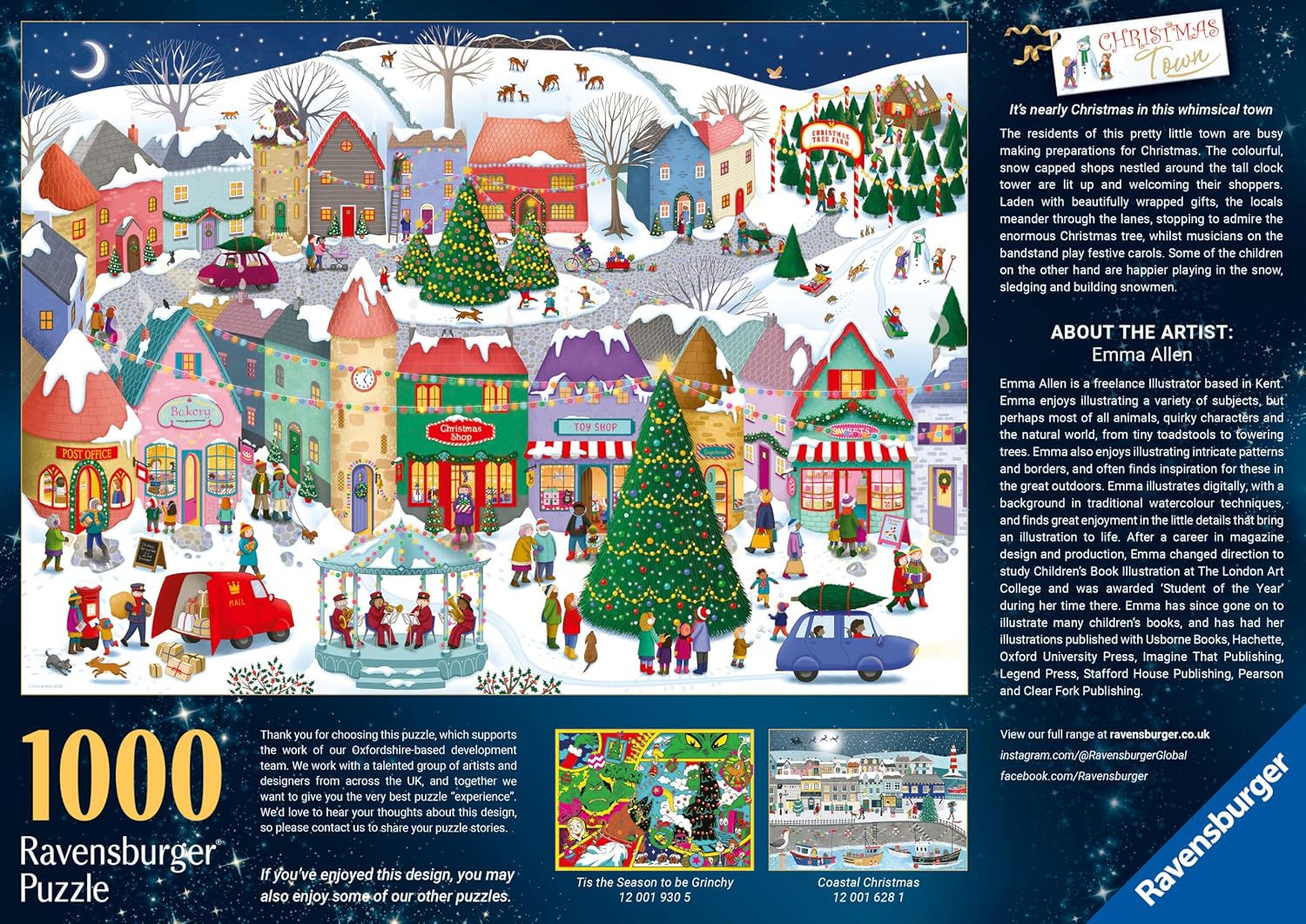 Ravensburger Christmas Town 1000 Piece Jigsaw Puzzle for Adults and Families – Festive Winter Village Scene by artist Emma Allen