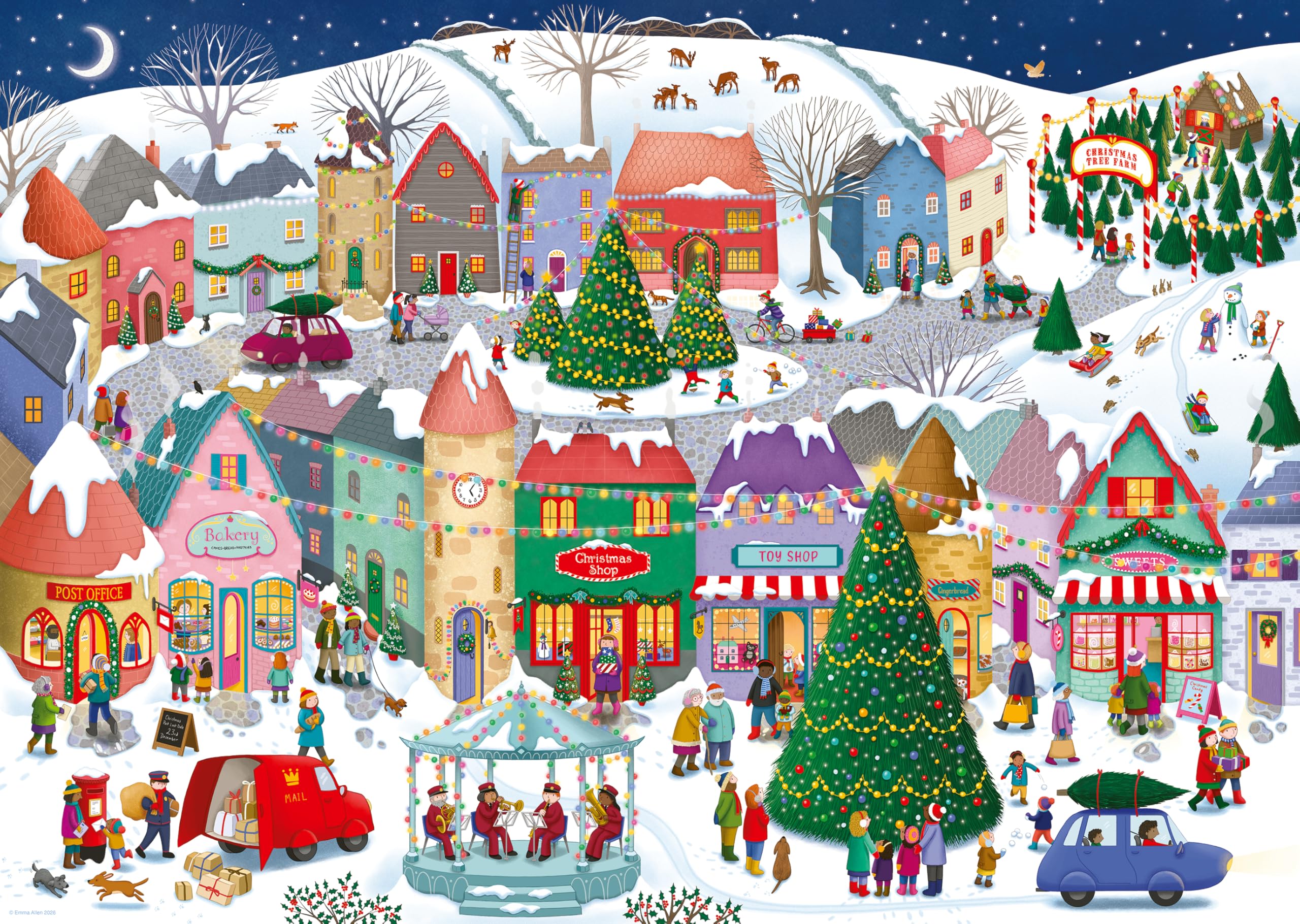 Ravensburger Christmas Town 1000 Piece Jigsaw Puzzle for Adults and Families – Festive Winter Village Scene by artist Emma Allen