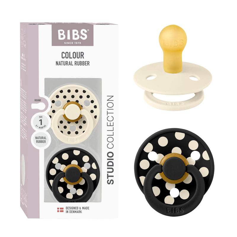 BIBS Polka Dots Fopspeen, set van 2, BPA-vrij, ronde stofzuiger, natuurlijk rubber, gemaakt in Denemarken, maat 1 (0-6 maanden), Ivory/Black