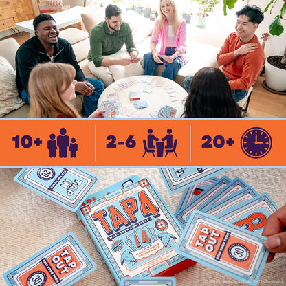 USAopoly Tap 4 Card Game - High-Energy Family Action, 2-6 Players, Ages 10+ | Fast-paced 20-minute card game. Boost reflexes and enjoy competitive family fun. Portable for travel and quick sessions.