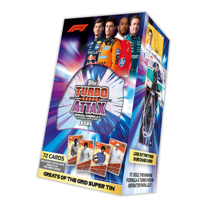 Topps Formula 1 2026 Turbo Attax - Super Tin - Greats of the Grid | Bevat 72 Turbo Attax-kaarten, waaronder 8 exclusieve Greats of the Grid-kaarten.