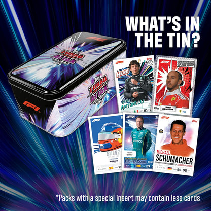 Topps Formula 1 2026 Turbo Attax - Super Tin - Greats of the Grid | Bevat 72 Turbo Attax-kaarten, waaronder 8 exclusieve Greats of the Grid-kaarten.