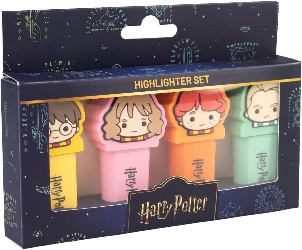 Grupo Erik Set Evidenziatori Harry Potter Gadget - 4 Mini Evidenziatori Colori Assortiti con Topper 3D | Set Cancelleria Scuola