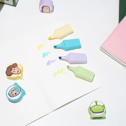 Grupo Erik Set Evidenziatori Pastello Toy Story - 4 Mini Evidenziatori Colori Assortiti con Topper 3D | Set Cancelleria Scuola Disney