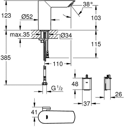 Grohe Bau Cosmopolitan E Infrarood Wastafelkraan - Incl. Menging - Netspanning - Chroom