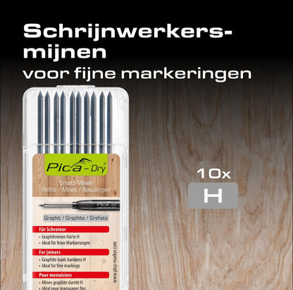 Pica 4050 I 10-delige vervangingsvulsysteemset Dry 3030 I Diameter 2,8 mm I Grafietvulling met speciale hardheid H voor precieze markeringen I perfect voor timmerlieden I voor bijna alle oppervlakken