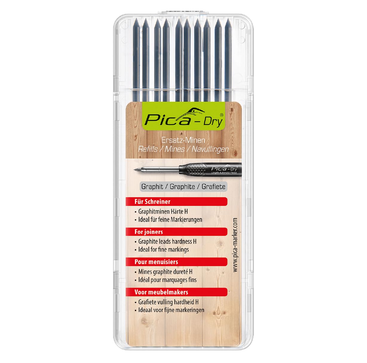 Pica 4050 I 10-delige vervangingsvulsysteemset Dry 3030 I Diameter 2,8 mm I Grafietvulling met speciale hardheid H voor precieze markeringen I perfect voor timmerlieden I voor bijna alle oppervlakken
