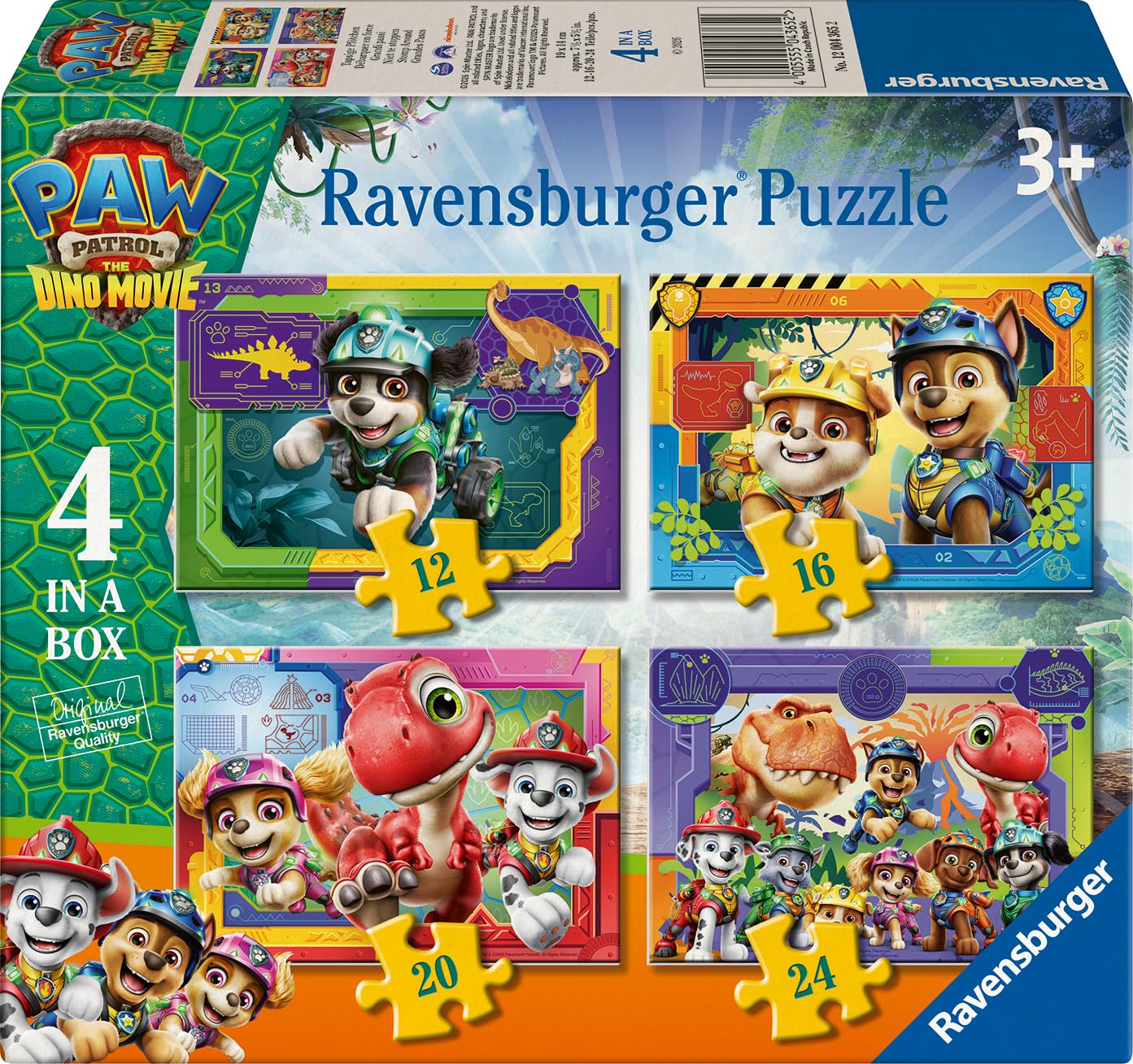 Ravensburger Paw Patrol 4-in-a-Box Jigsaw Puzzle Set – Dino Rescue Movie Theme 12, 16, 20 & 24 Piece Puzzles for Toddlers & Kids Educational Toy for Boys & Girls Ages 3+