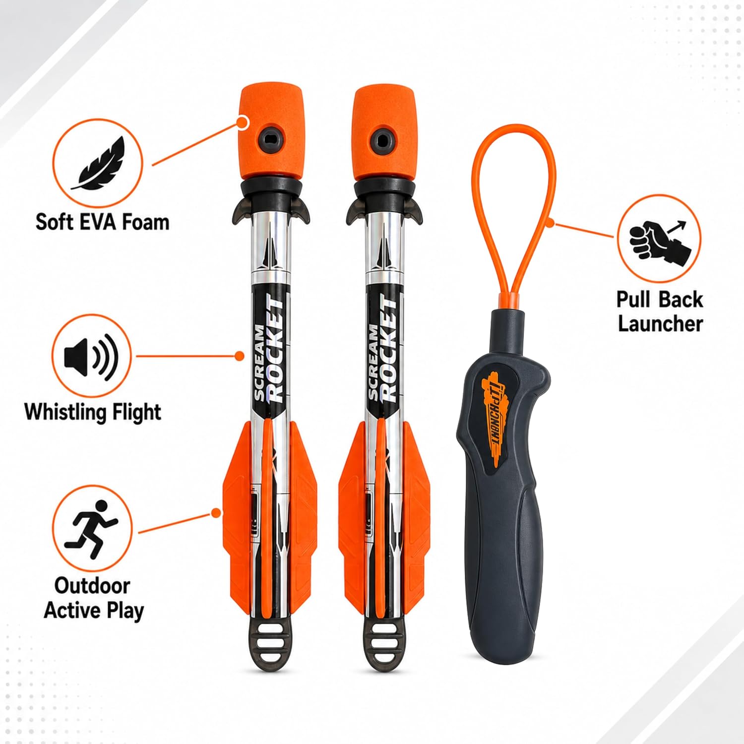 Whistling Rocket Sling Set, 2 Foam Rockets, Outdoor Launcher | Pull back soft EVA flyers for garden games, park challenges, distance contests and active family play.
