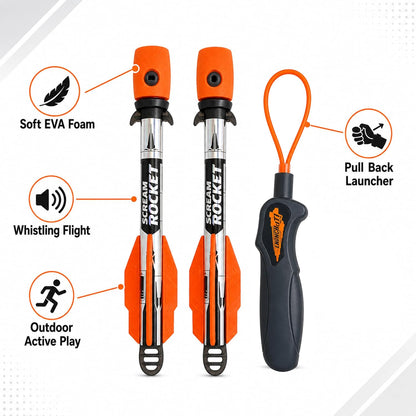 Whistling Rocket Sling Set, 2 Foam Rockets, Outdoor Launcher | Pull back soft EVA flyers for garden games, park challenges, distance contests and active family play.