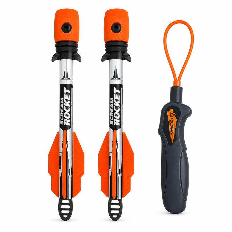 Whistling Rocket Sling Set, 2 Foam Rockets, Outdoor Launcher | Pull back soft EVA flyers for garden games, park challenges, distance contests and active family play.