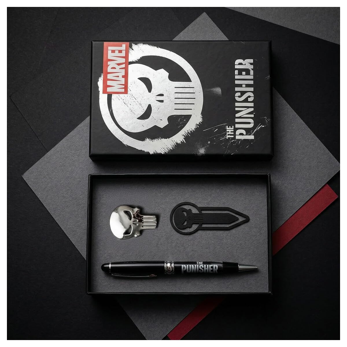 The Punisher Marvel Premium Ballpoint Pen Set for Adults and Youth – Includes Black Ballpoint Pen, Metallic Skull Pin and Bookmark, Official License, Gift for Office and Reading