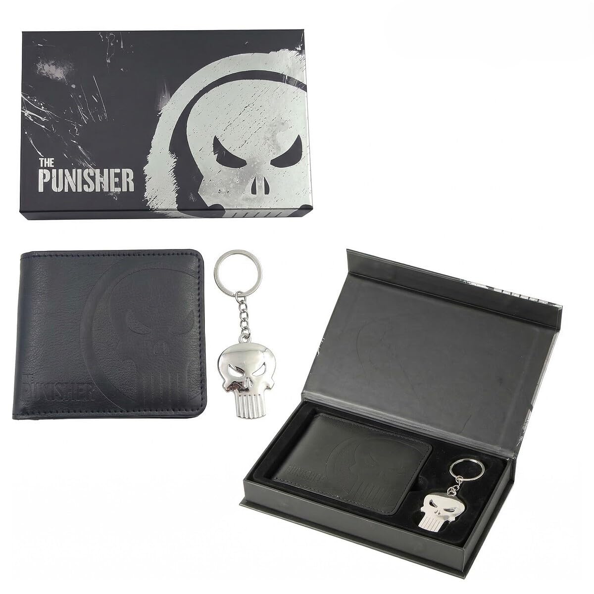 The Punisher Unisex Gift Set – Black PU Wallet with Skull Engraving and Metal Keyring, Official Marvel License, One Size, Daily Use